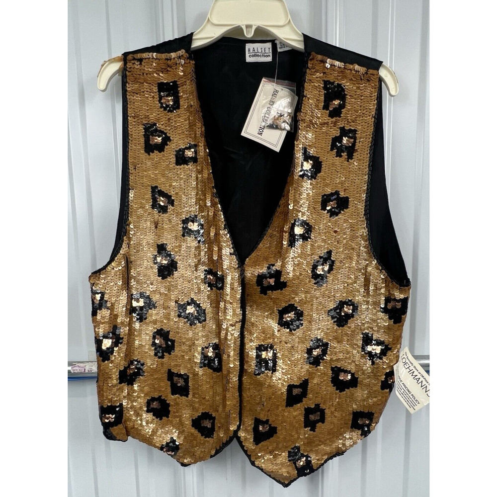 Vintage Halsey Collection Adult Small Leopard Rayon Sequin Boho hidden Snap Vest